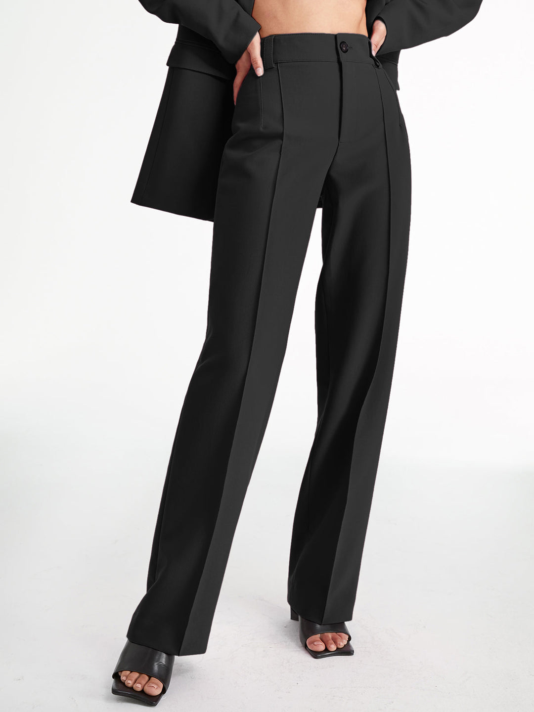 High Waisted Pleated Front Solid Colored Straight Leg Trousers