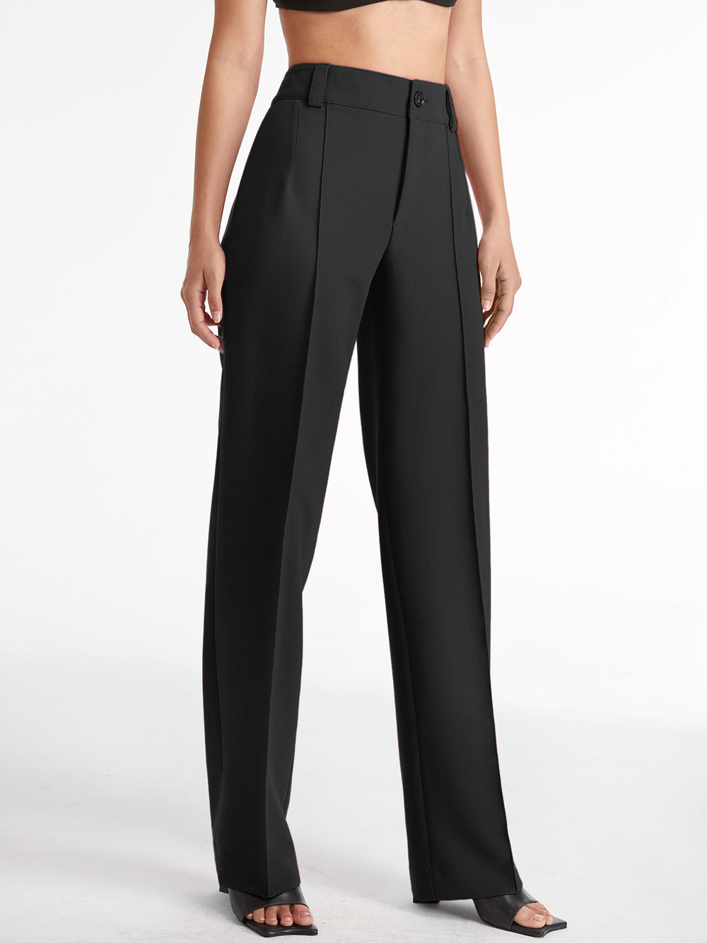 High Waisted Pleated Front Solid Colored Straight Leg Trousers