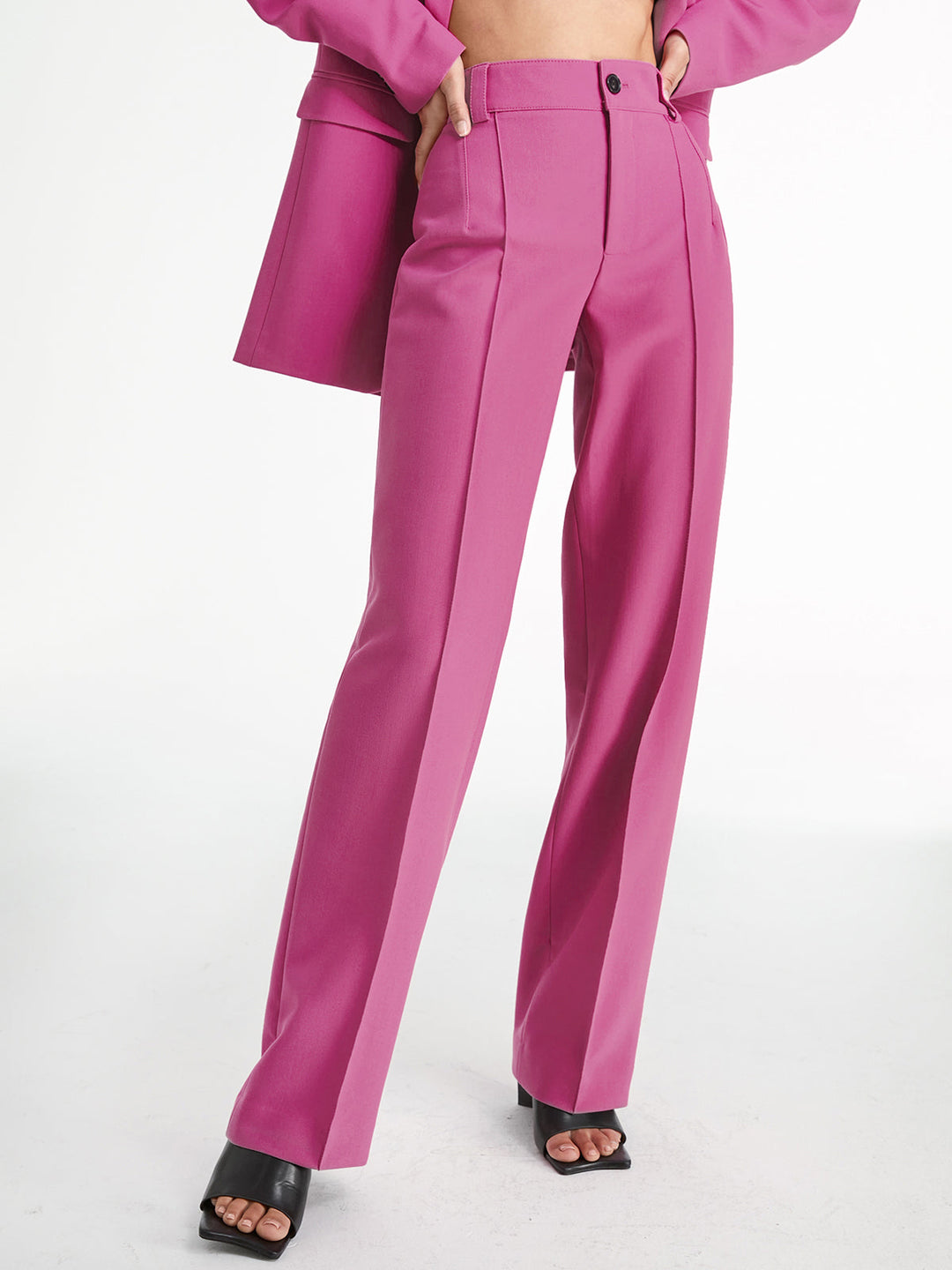 High Waisted Pleated Front Solid Colored Straight Leg Trousers