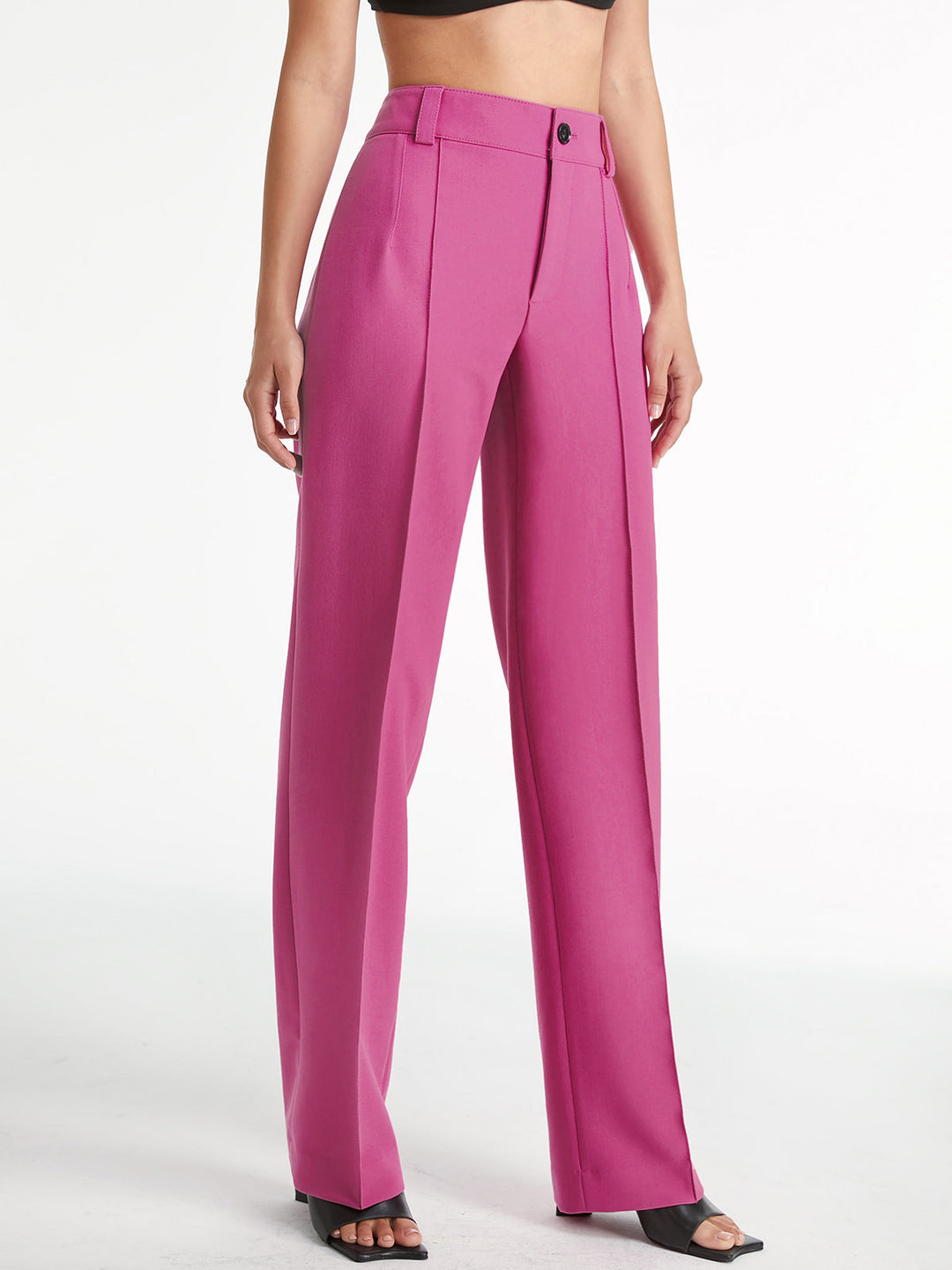High Waisted Pleated Front Solid Colored Straight Leg Trousers