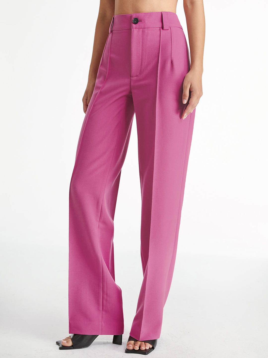 High Waisted Pleated Front Solid Colored Straight Leg Trousers