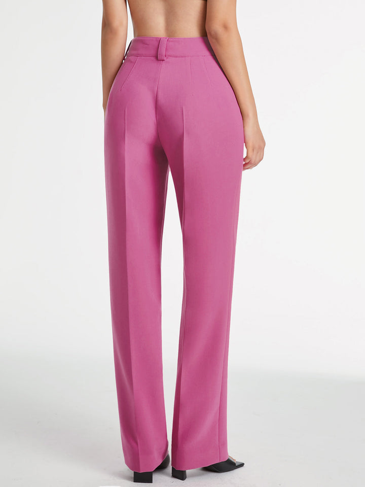 High Waisted Pleated Front Solid Colored Straight Leg Trousers