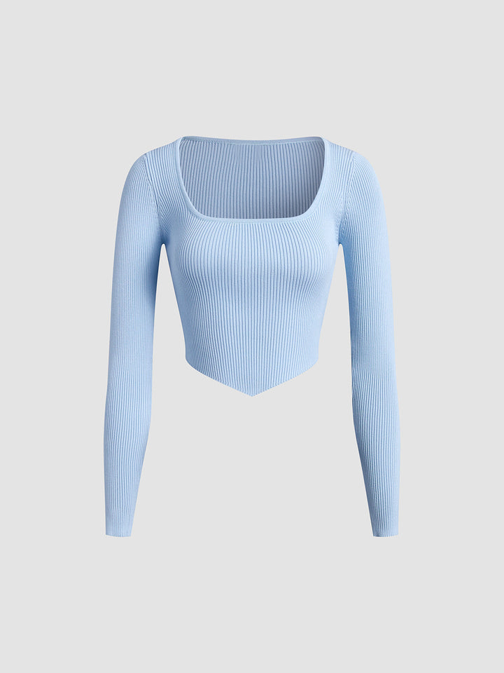 Solides geripptes Crop-Shirt mit quadratischem Ausschnitt