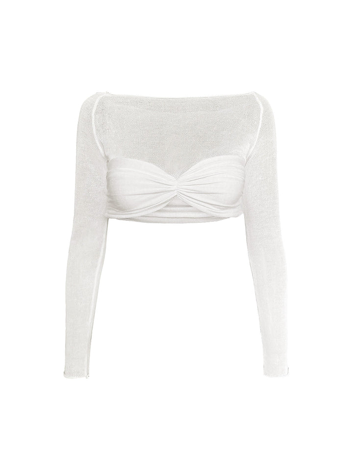Halbtransparente Crop-T-Shirt aus Mesh mit Carmen-Ausschnitt