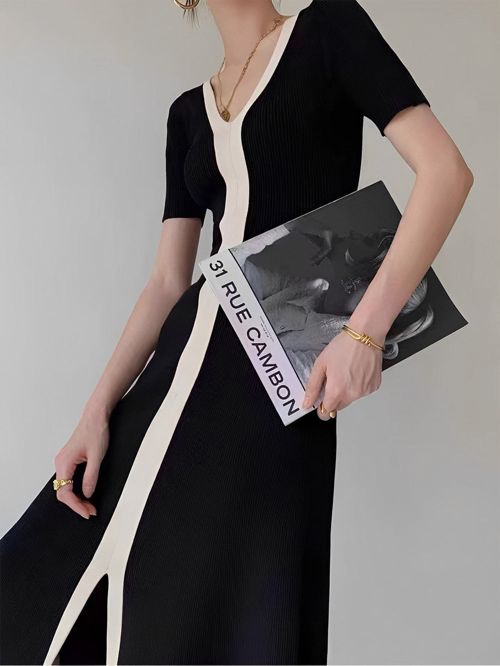 Zweiteiliges V-Ausschnitt-Strick-Schlitz-Midi-Kleid