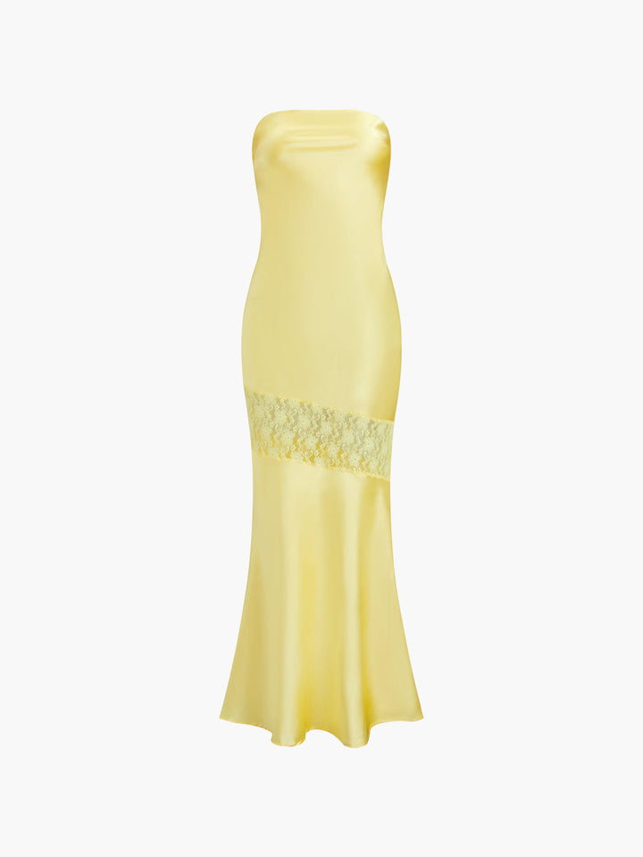 Asymmetrisches trägerloses Röhren-Midikleid aus Spitze