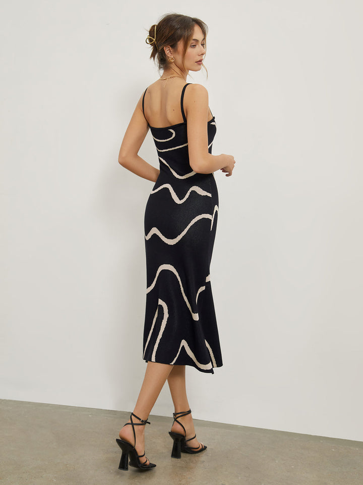 Wellenprint-Träger-Midikleid
