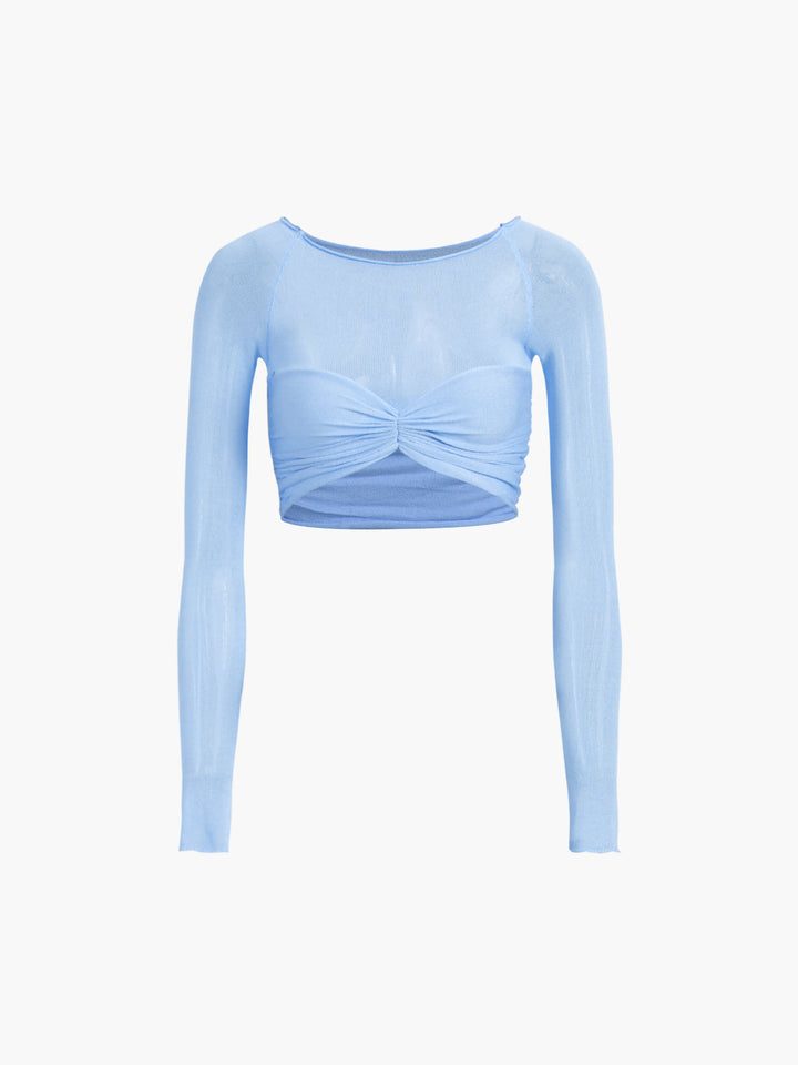 Halbtransparente Crop-T-Shirt aus Mesh mit Carmen-Ausschnitt