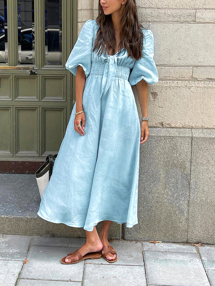 Leinen-Baumwoll-Kleid mit Bindedetail vorne, Knielänge