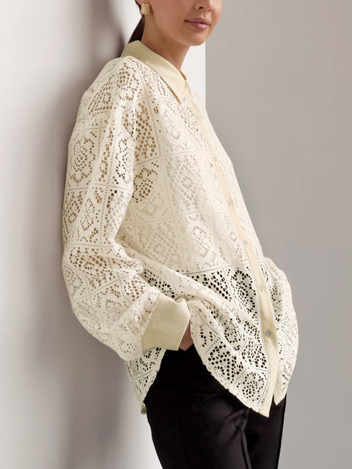 Oversized Halb-Sheer Lochstickerei-Hemd mit durchgehender Knopfleiste