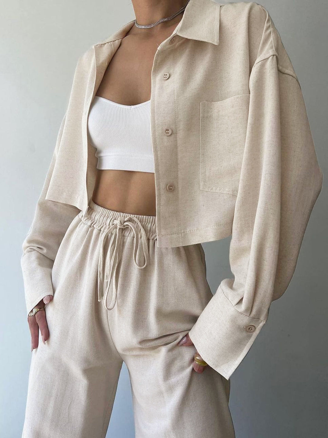 Collared Drawstring Two Piece Pants Set auf Deutsch