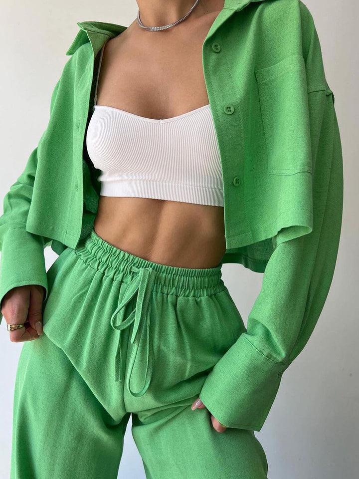 Collared Drawstring Two Piece Pants Set auf Deutsch