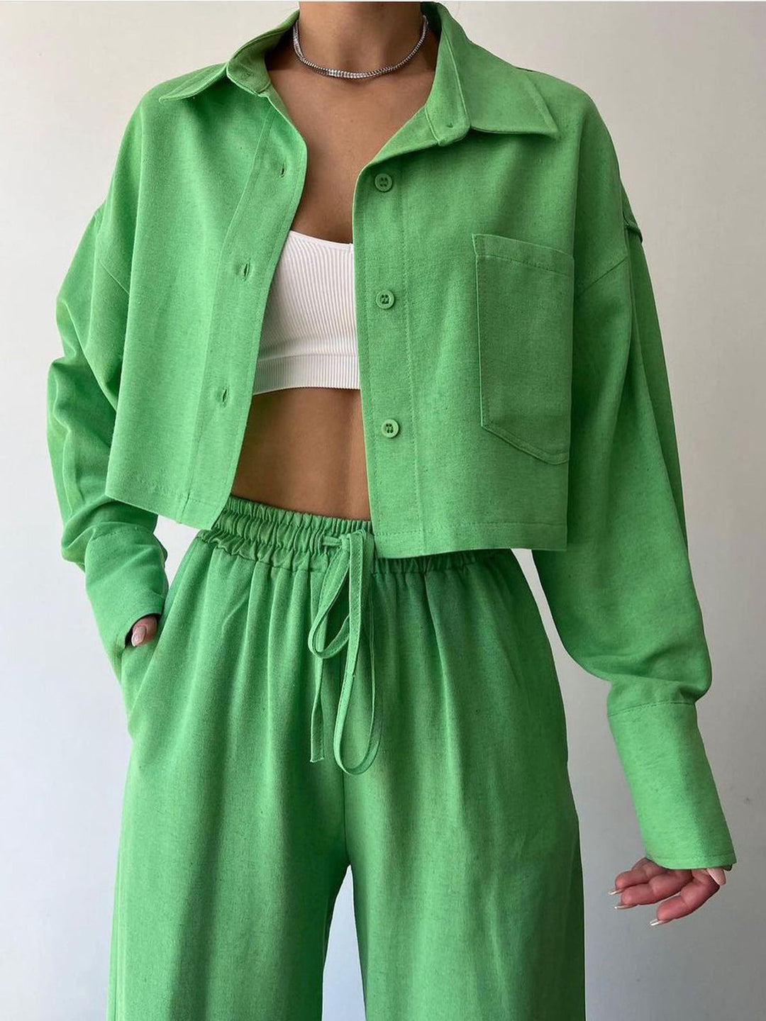 Collared Drawstring Two Piece Pants Set auf Deutsch