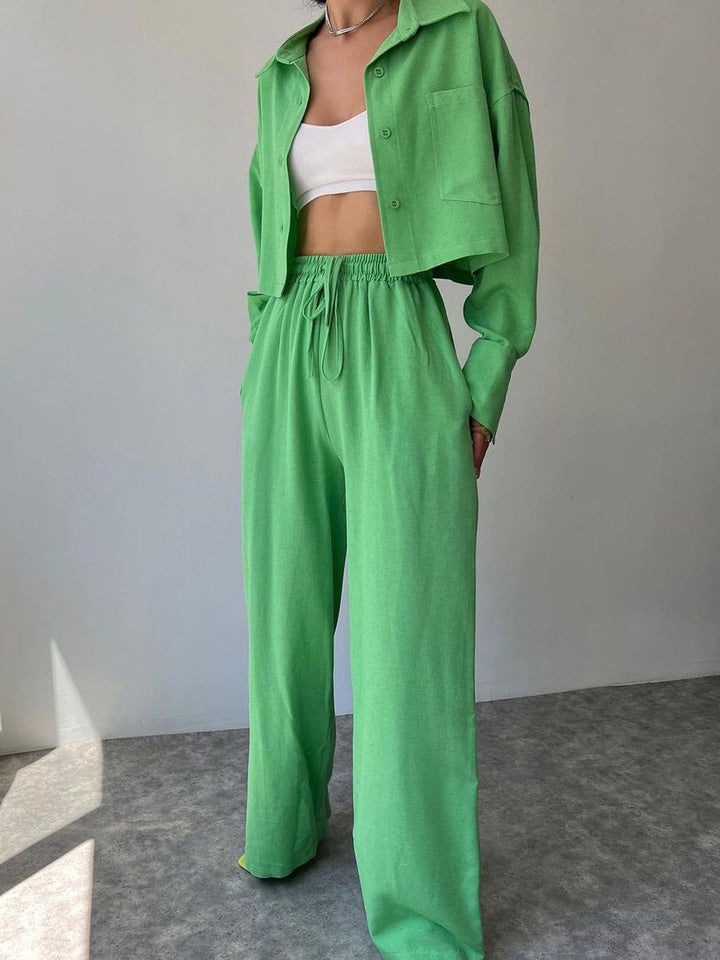 Collared Drawstring Two Piece Pants Set auf Deutsch