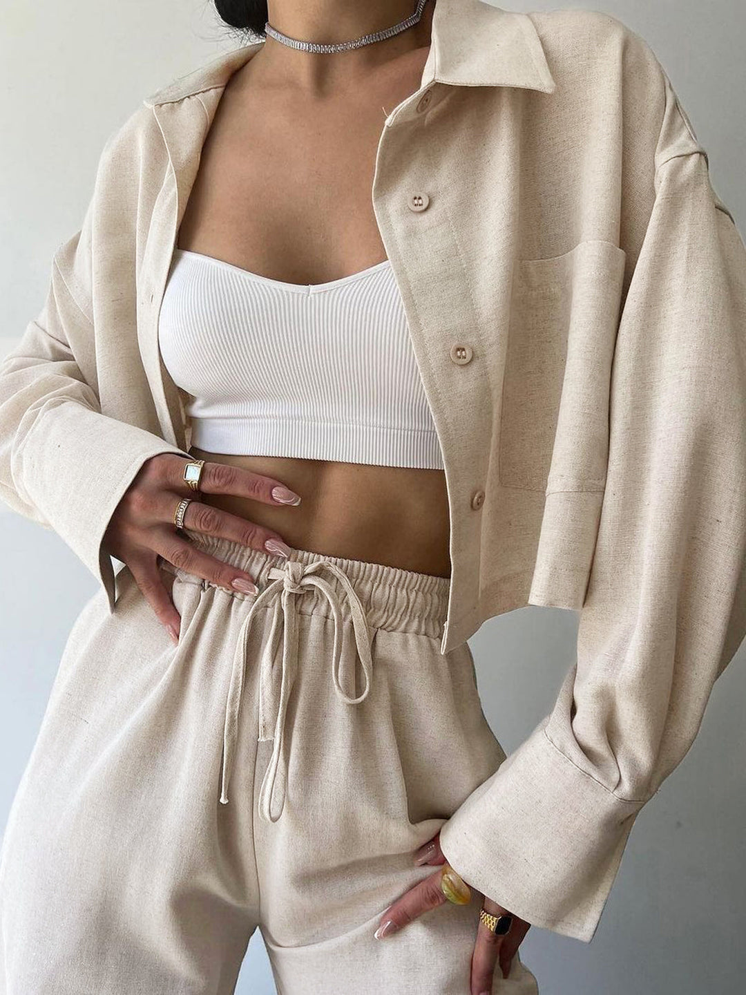 Collared Drawstring Two Piece Pants Set auf Deutsch