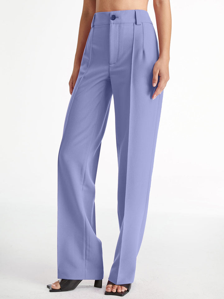 High Waisted Pleated Front Solid Colored Straight Leg Trousers