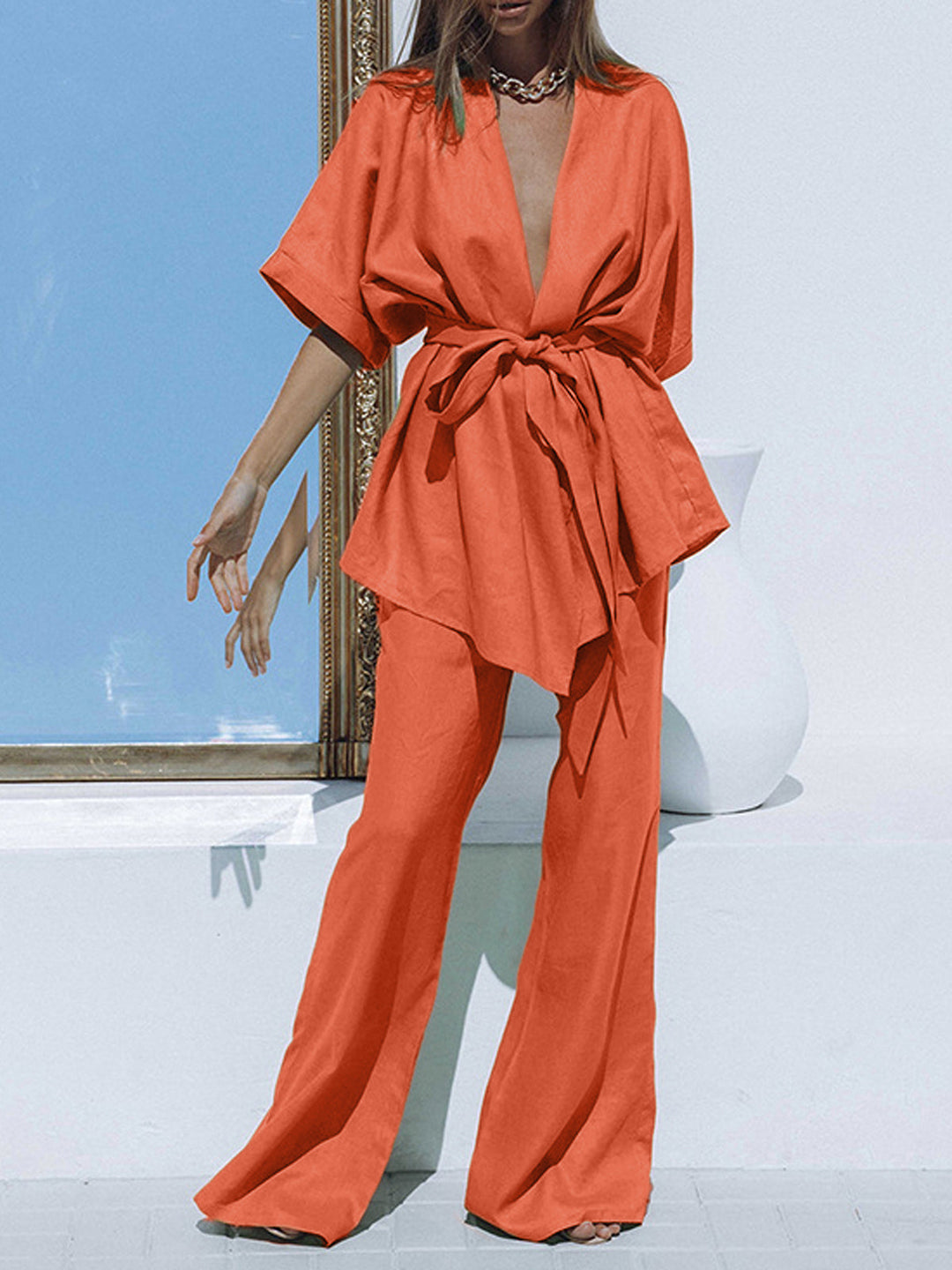 Oversize Leinen Zweiteiliges Hosen-Set mit Bindung