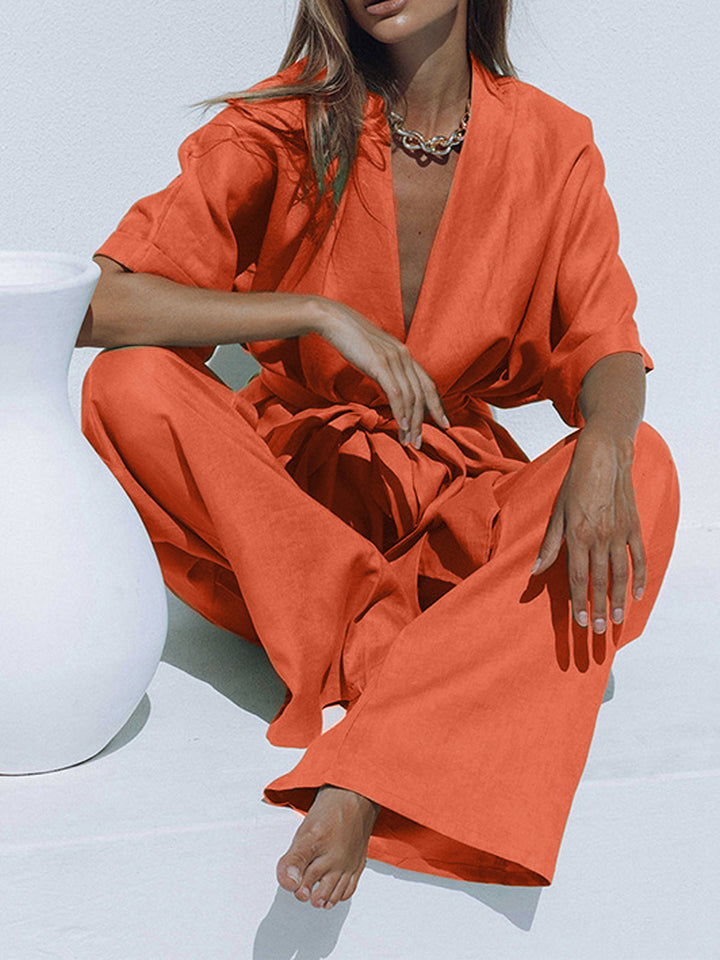 Oversize Leinen Zweiteiliges Hosen-Set mit Bindung