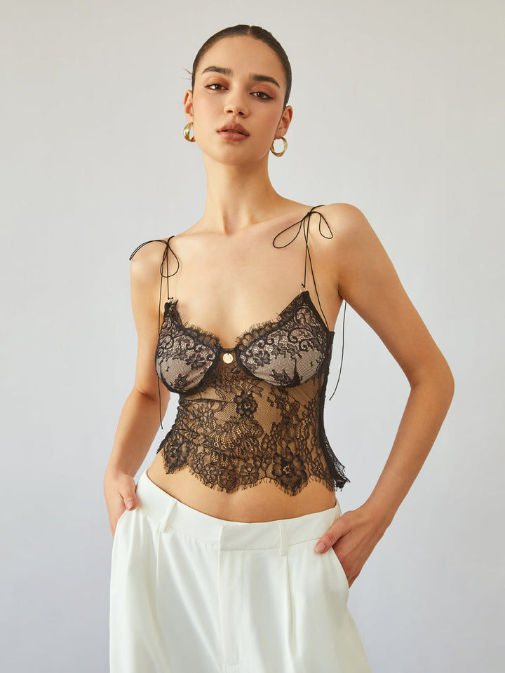 Schulterfreies Blumen-Spitzen-Crop-Top mit Bändern