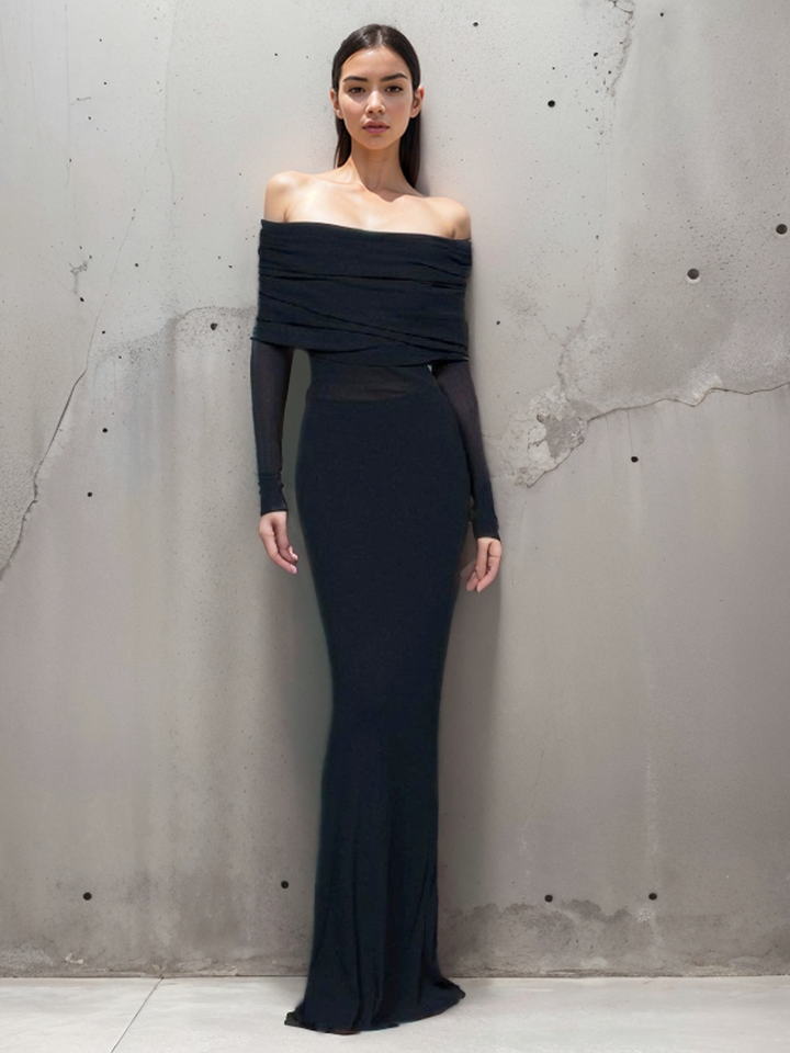 Halbdurchsichtiges Off-Shoulder-Mesh-Langarm-Maxikleid