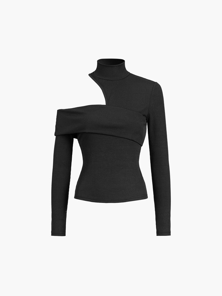 Geripptes Strickoberteil mit schrägem Ausschnitt und Stehkragen für Damen