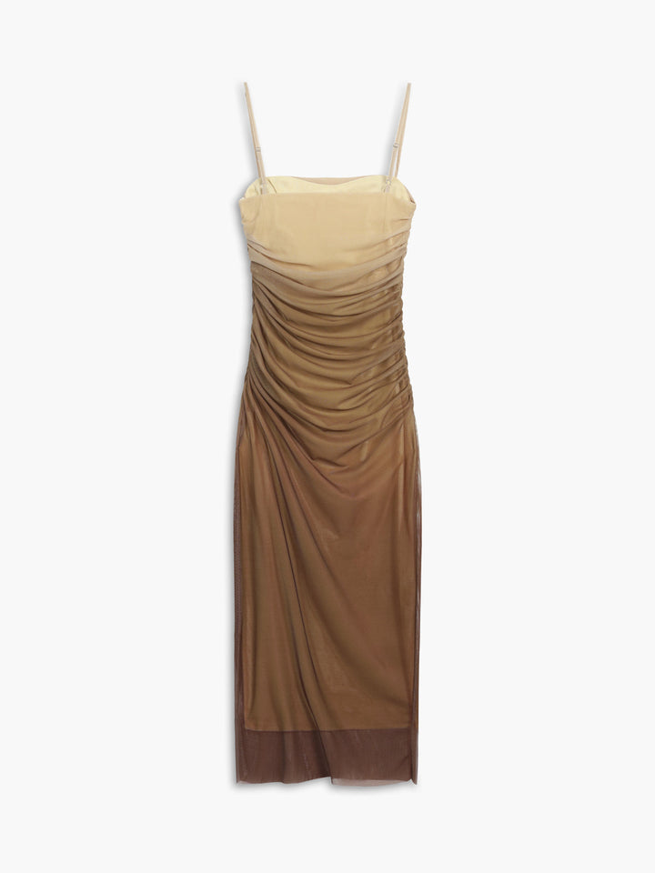 Cappuccino Ombre Mesh Reißverschluss Kleid Lang