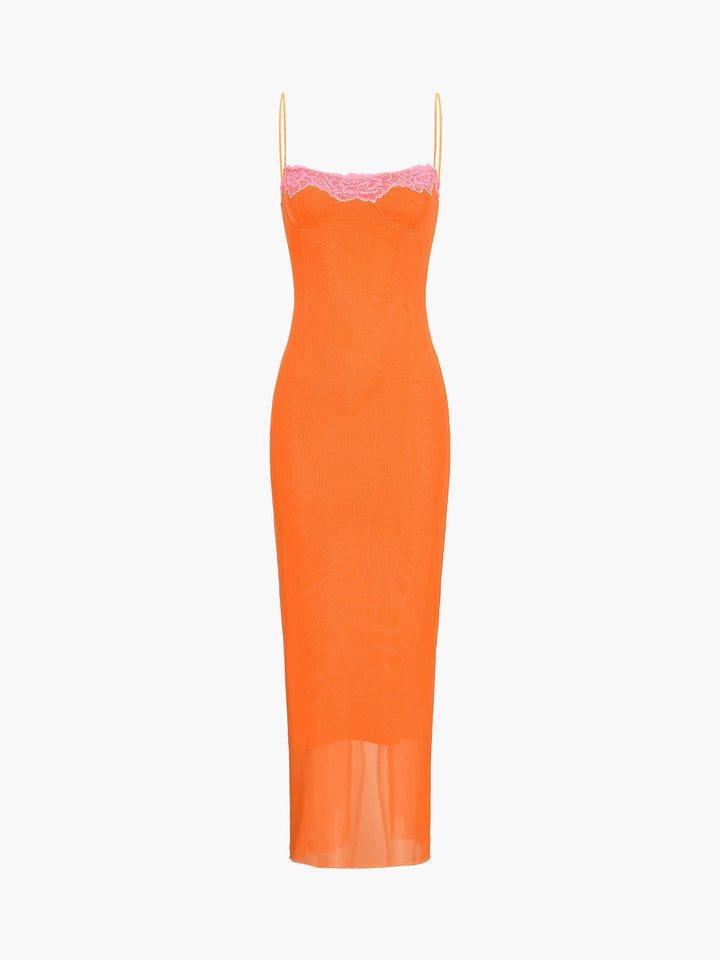 Halbtransparente Netz-Kleid mit Spitzenbesatz, lang