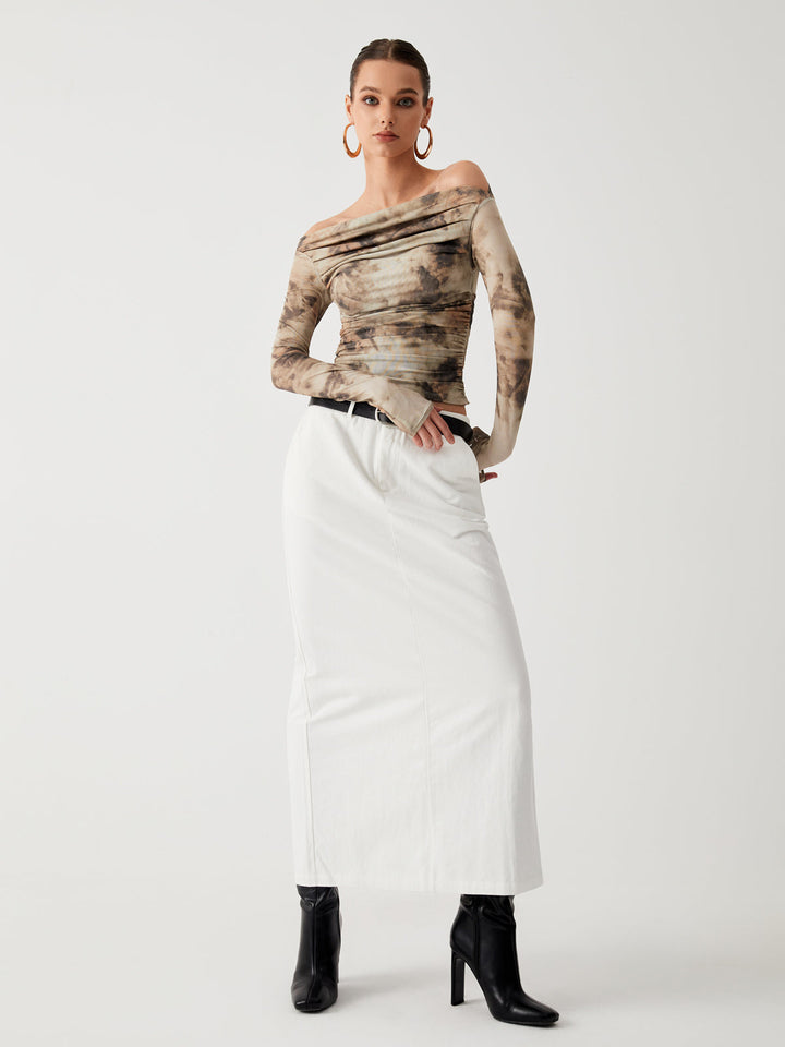 Halbtransparente Tüll-Mesh-Carmenbluse mit langen Ärmeln