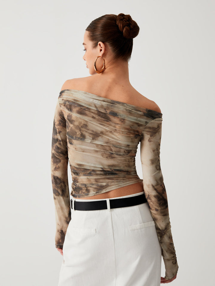 Halbtransparente Tüll-Mesh-Carmenbluse mit langen Ärmeln
