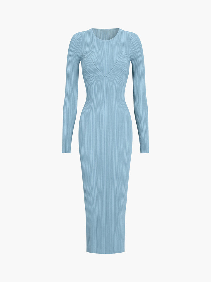 Babyblau Strick Langarm Midikleid