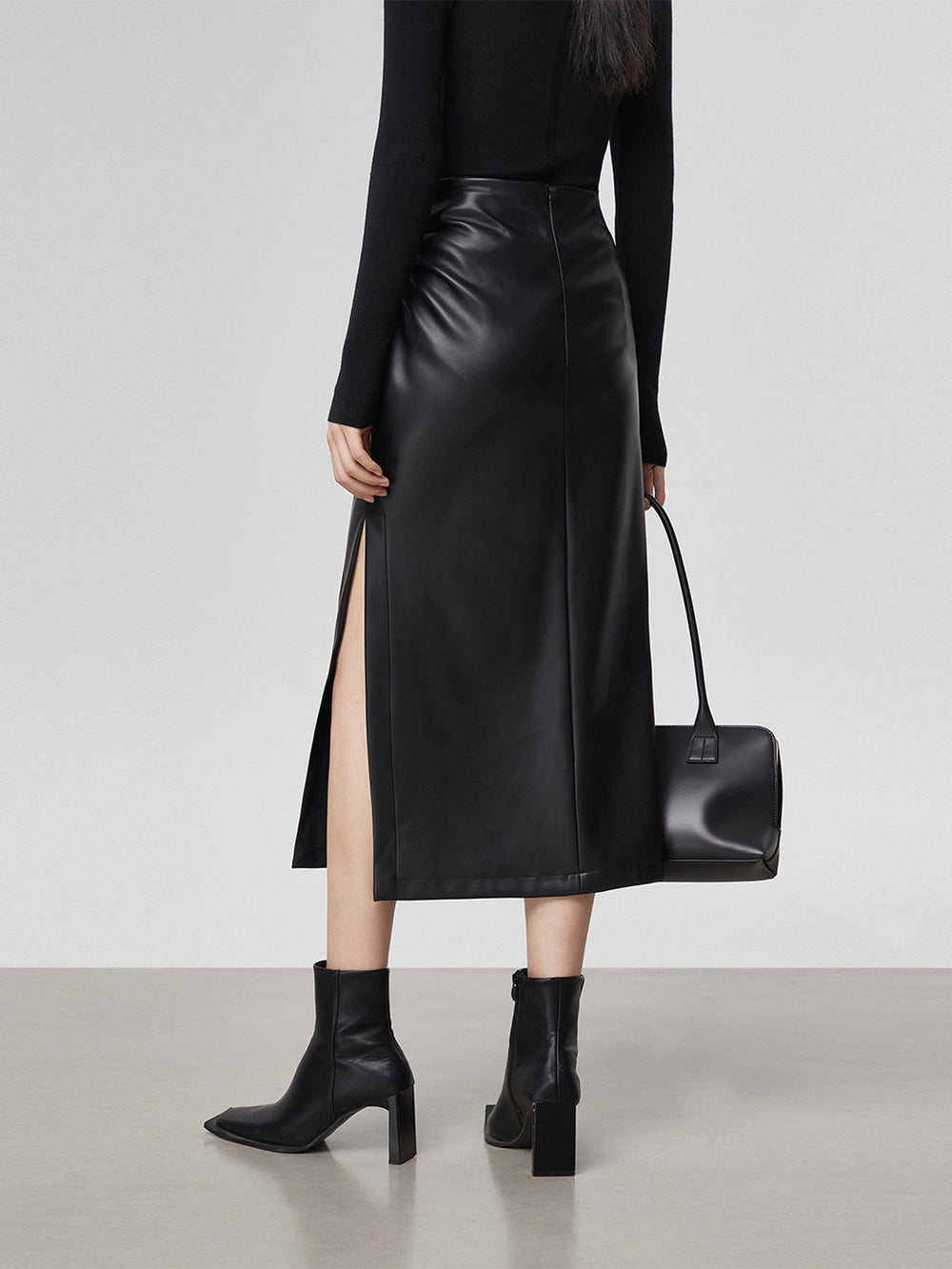 Faux Leather Ruched Slit Midi Rock