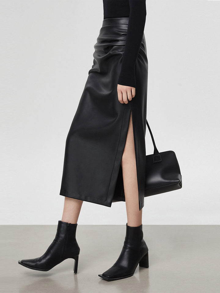 Faux Leather Ruched Slit Midi Rock