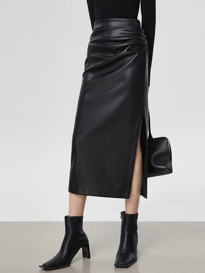 Faux Leather Ruched Slit Midi Rock
