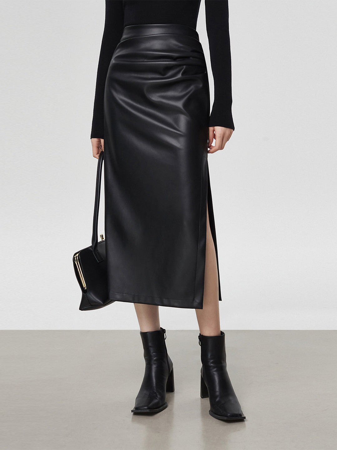 Faux Leather Ruched Slit Midi Rock
