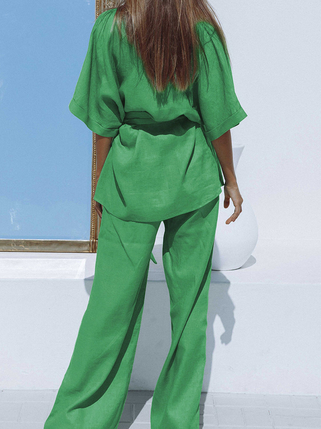 Oversize Leinen Zweiteiliges Hosen-Set mit Bindung
