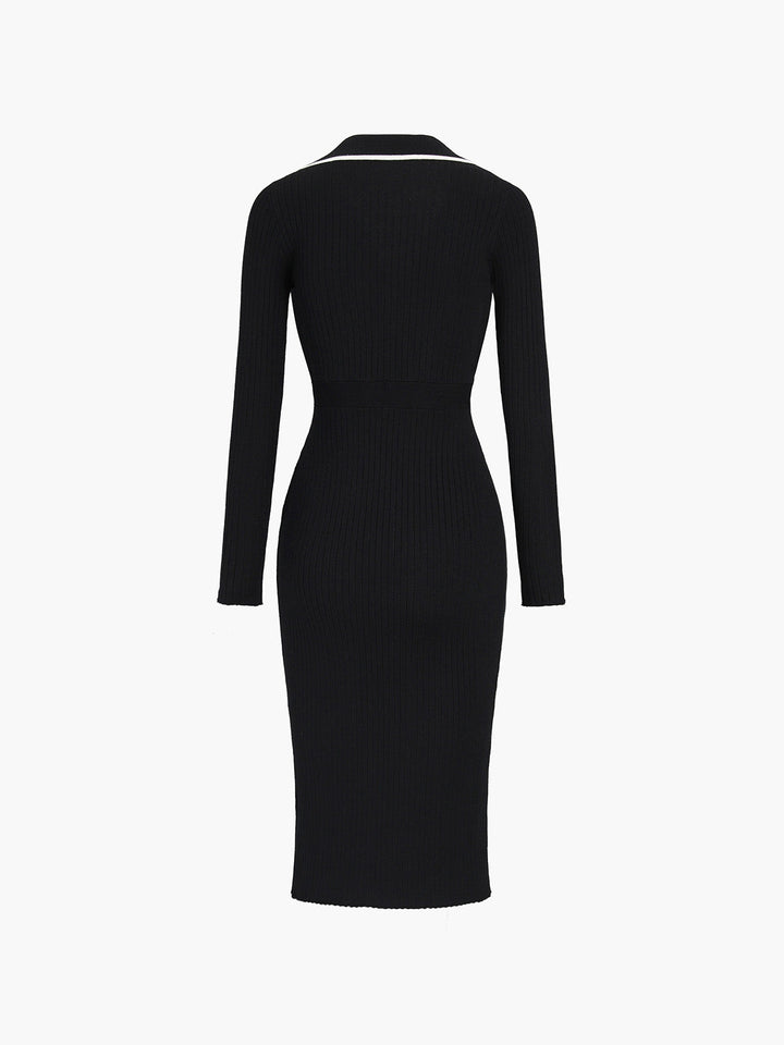 Kontrastbesatz Wickelkleid Midi Strickkleid