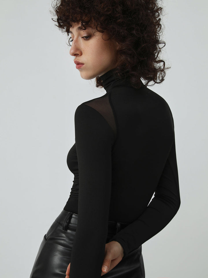 Patchwork Mesh Rollkragen-Bodysuit mit langen Ärmeln