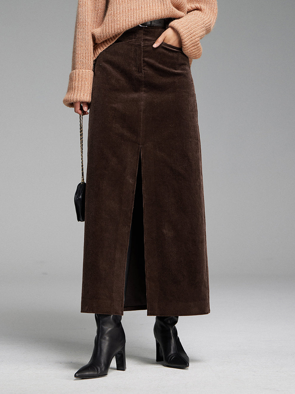 Pockets Corduroy Spalt Maxi Rock