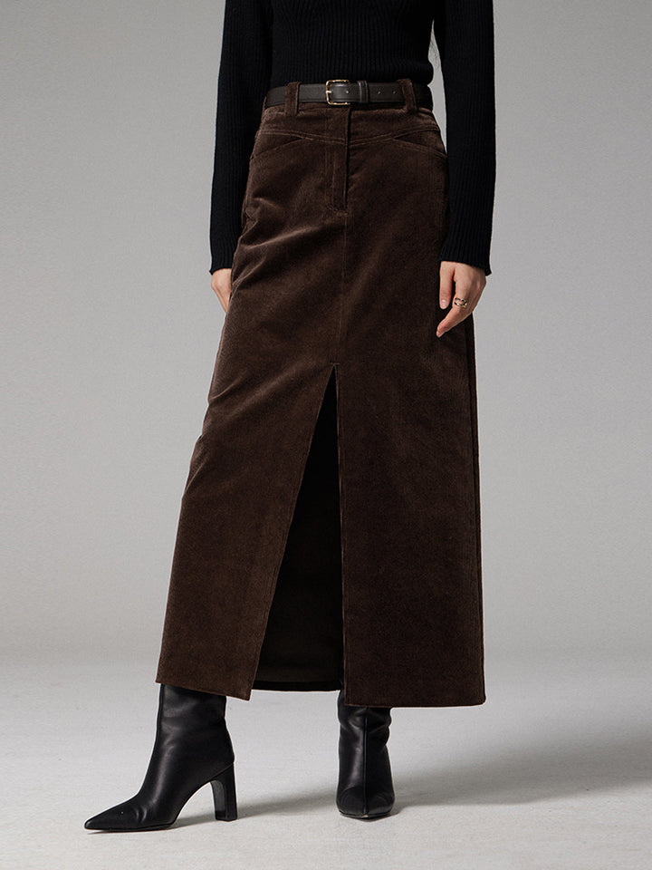 Pockets Corduroy Spalt Maxi Rock