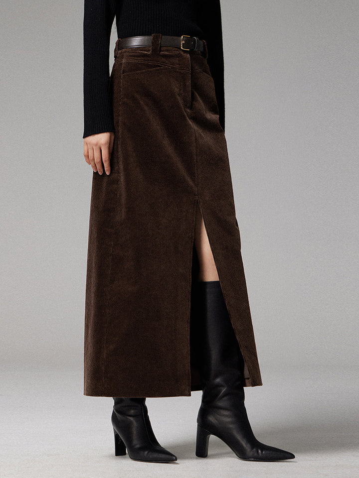 Pockets Corduroy Spalt Maxi Rock