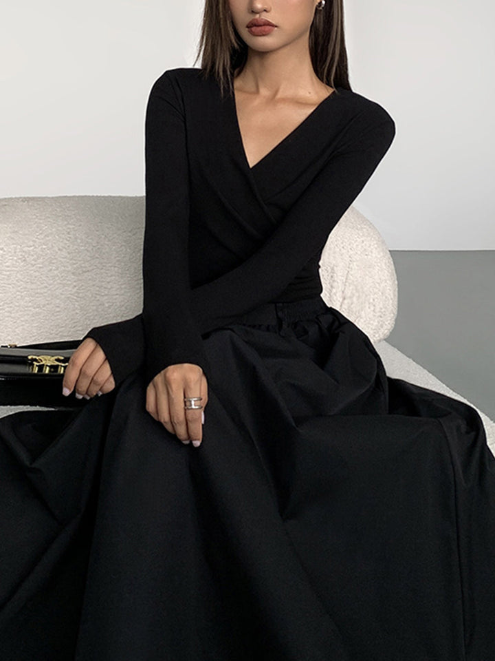 V-Ausschnitt Kleid mit langen Ärmeln und doppelten Taschen