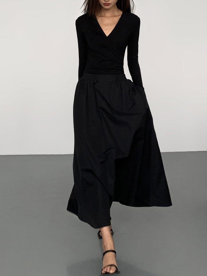 V-Ausschnitt Kleid mit langen Ärmeln und doppelten Taschen