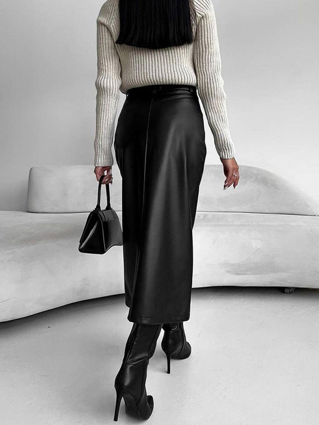 Faux Leather Slit Midi Rock