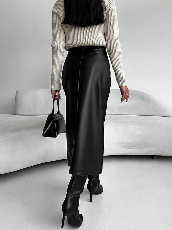Faux Leather Slit Midi Rock