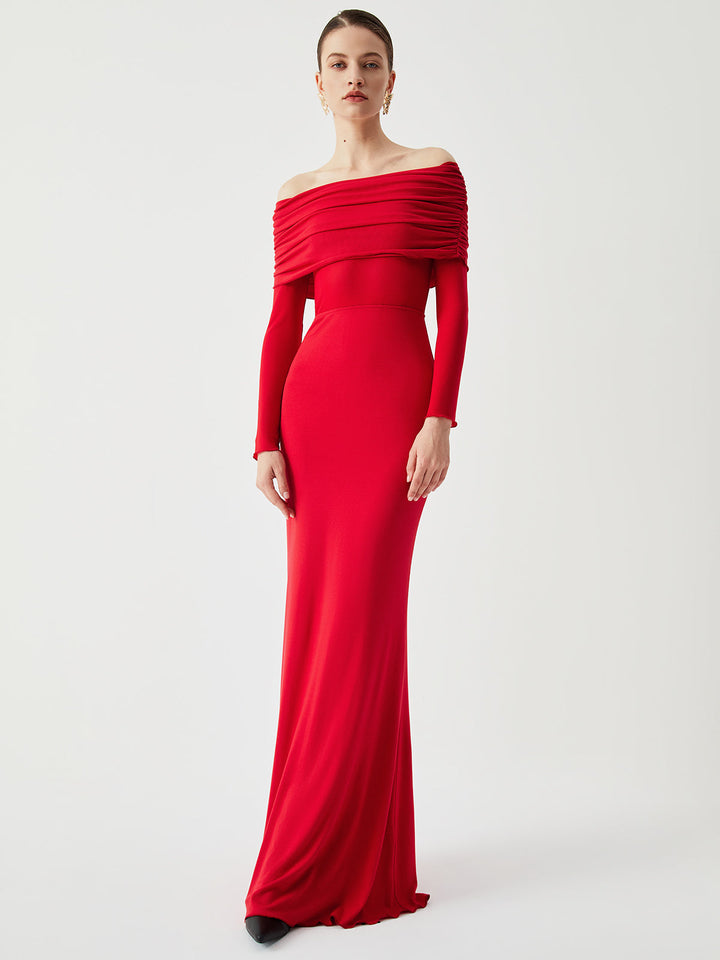Halbdurchsichtiges Off-Shoulder-Mesh-Langarm-Maxikleid
