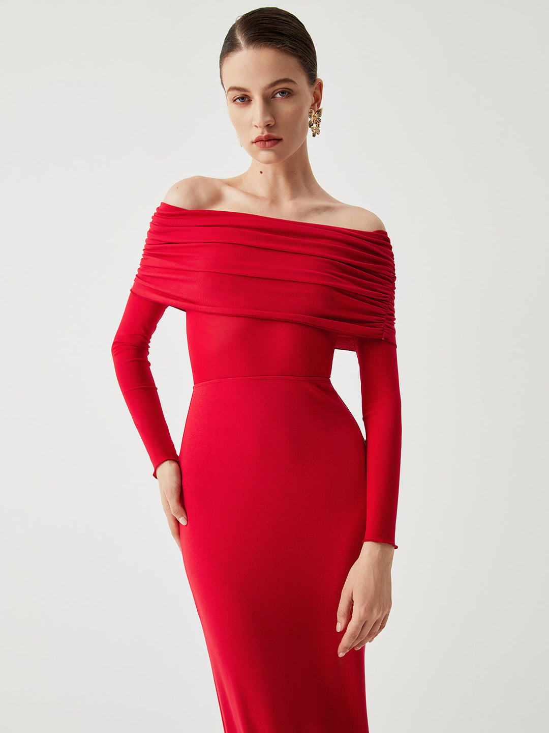 Halbdurchsichtiges Off-Shoulder-Mesh-Langarm-Maxikleid