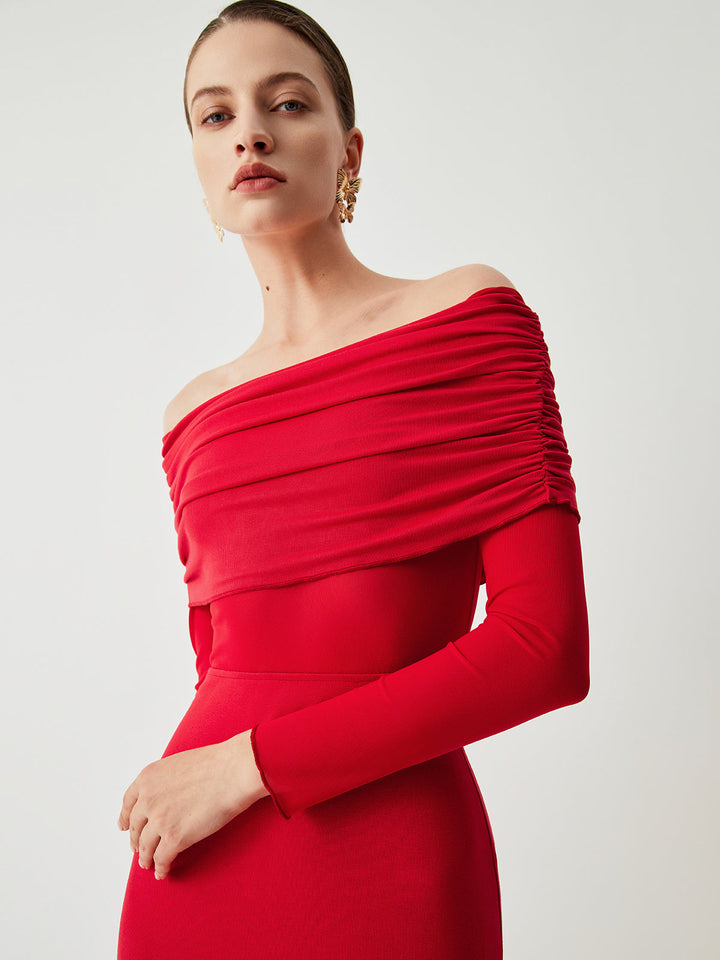 Halbdurchsichtiges Off-Shoulder-Mesh-Langarm-Maxikleid