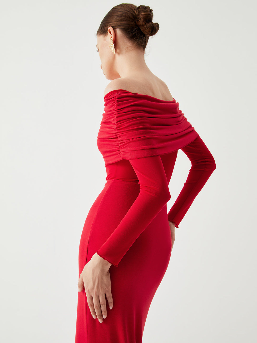 Halbdurchsichtiges Off-Shoulder-Mesh-Langarm-Maxikleid