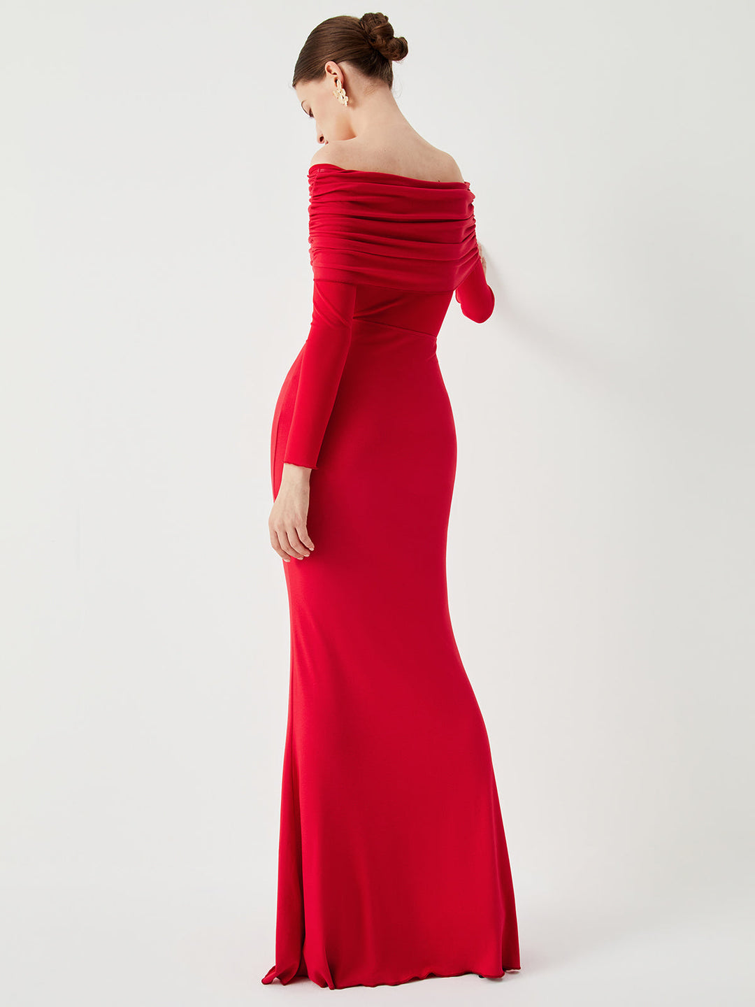 Halbdurchsichtiges Off-Shoulder-Mesh-Langarm-Maxikleid