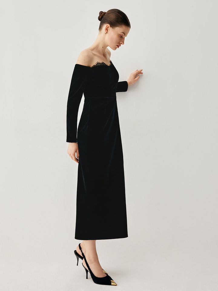 Samt schulterfreies Patchwork-Kleid mit Schlitz, knielang